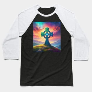 Colorful Ancient Fantasy Celtic Cross set into a grassy hill overlooking mountains. Baseball T-Shirt